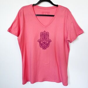 NEW Life is Good V-Neck Short Sleeve T-Shirt Hamsa Lotus Womens Large Pink